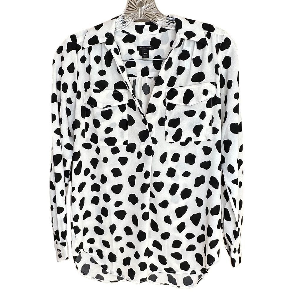 Ann Taylor Long Sleeve Split Neck Blouse Animal Print Black & White XXSP